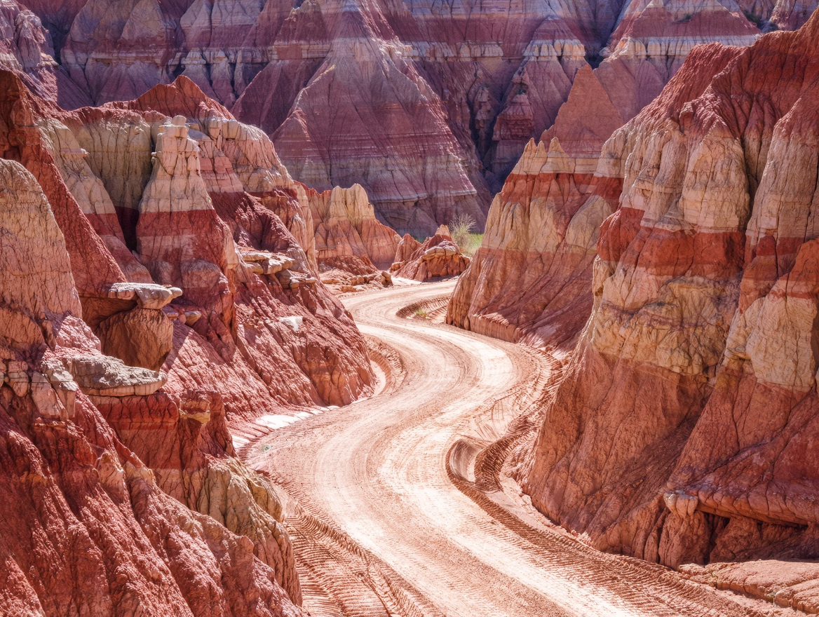 Dirt ATV trail winding through colorful badlands rock formations