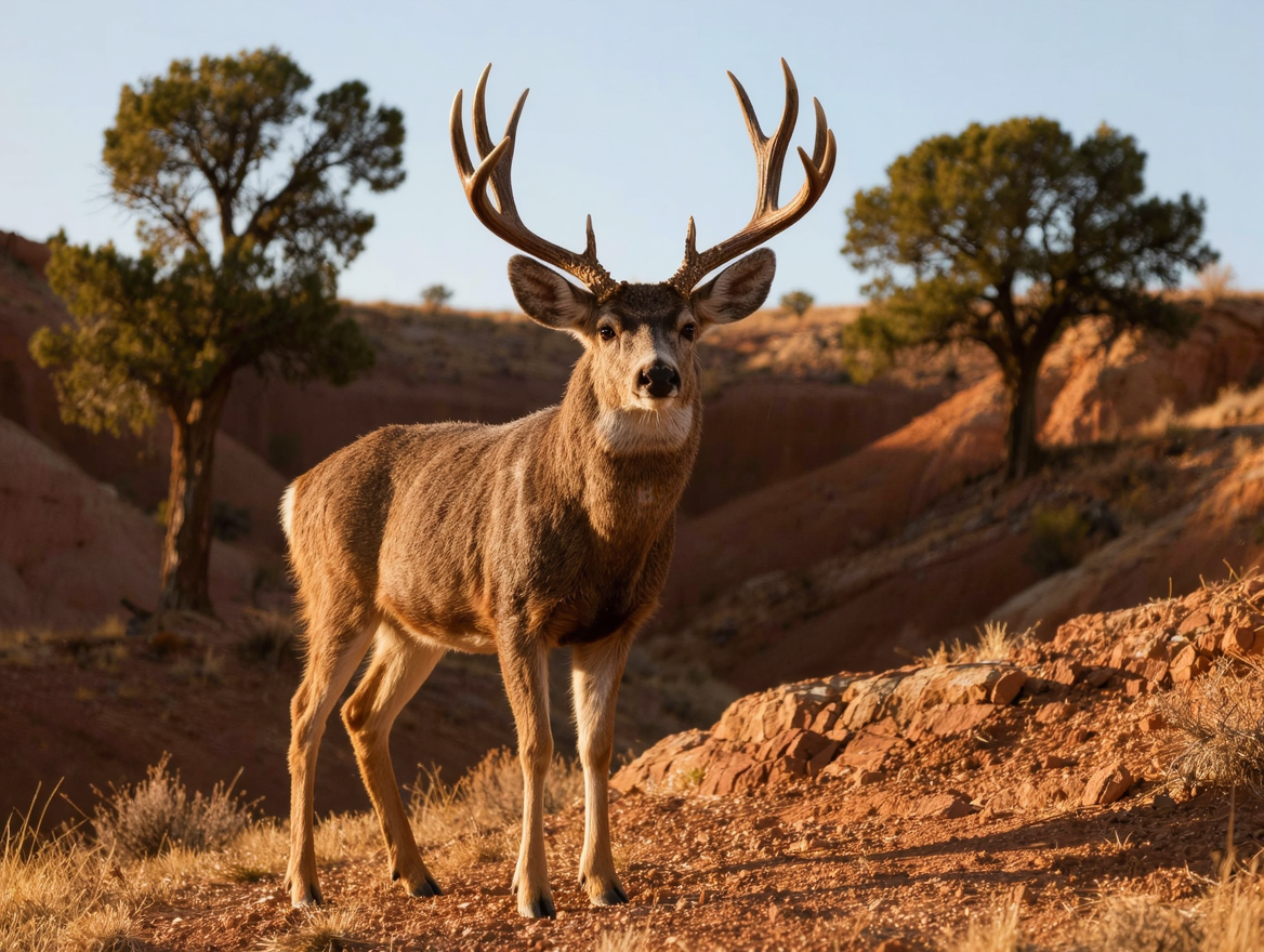 Trophy mule deer buck with large antlers standing in badlands terrain